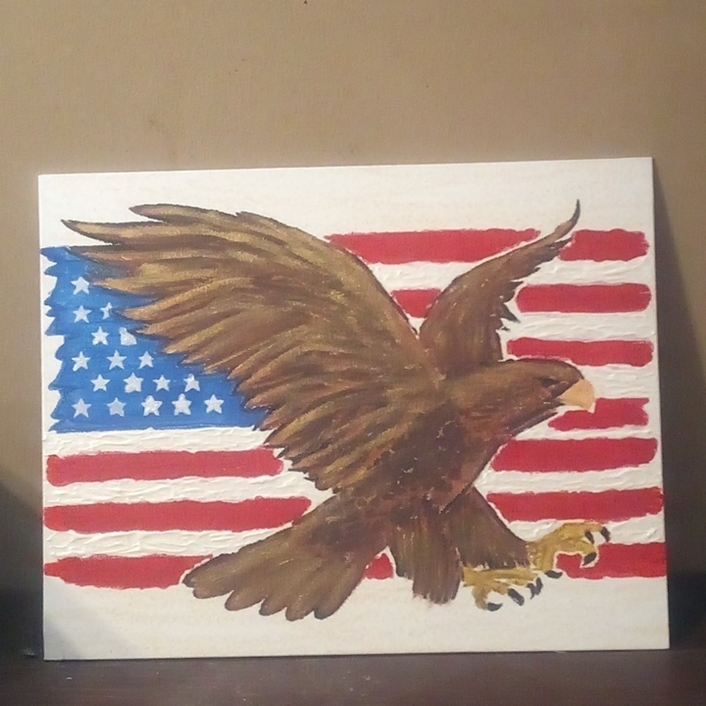 Hand Painted  Bald Eagle With American Flag 11"x14"